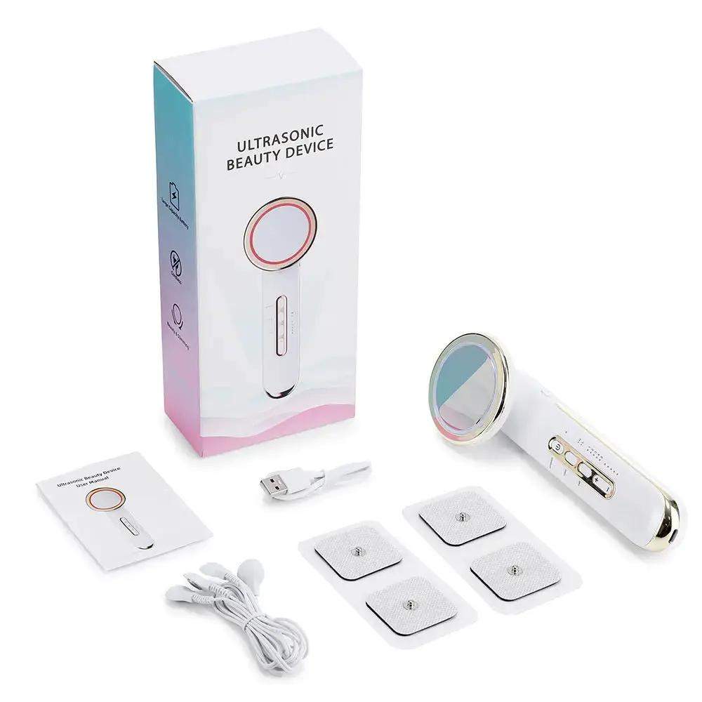 Dropshipman Lumina EMS LED Facial Device with red and blue light therapy on model's face, USB rechargeable skin toning tool