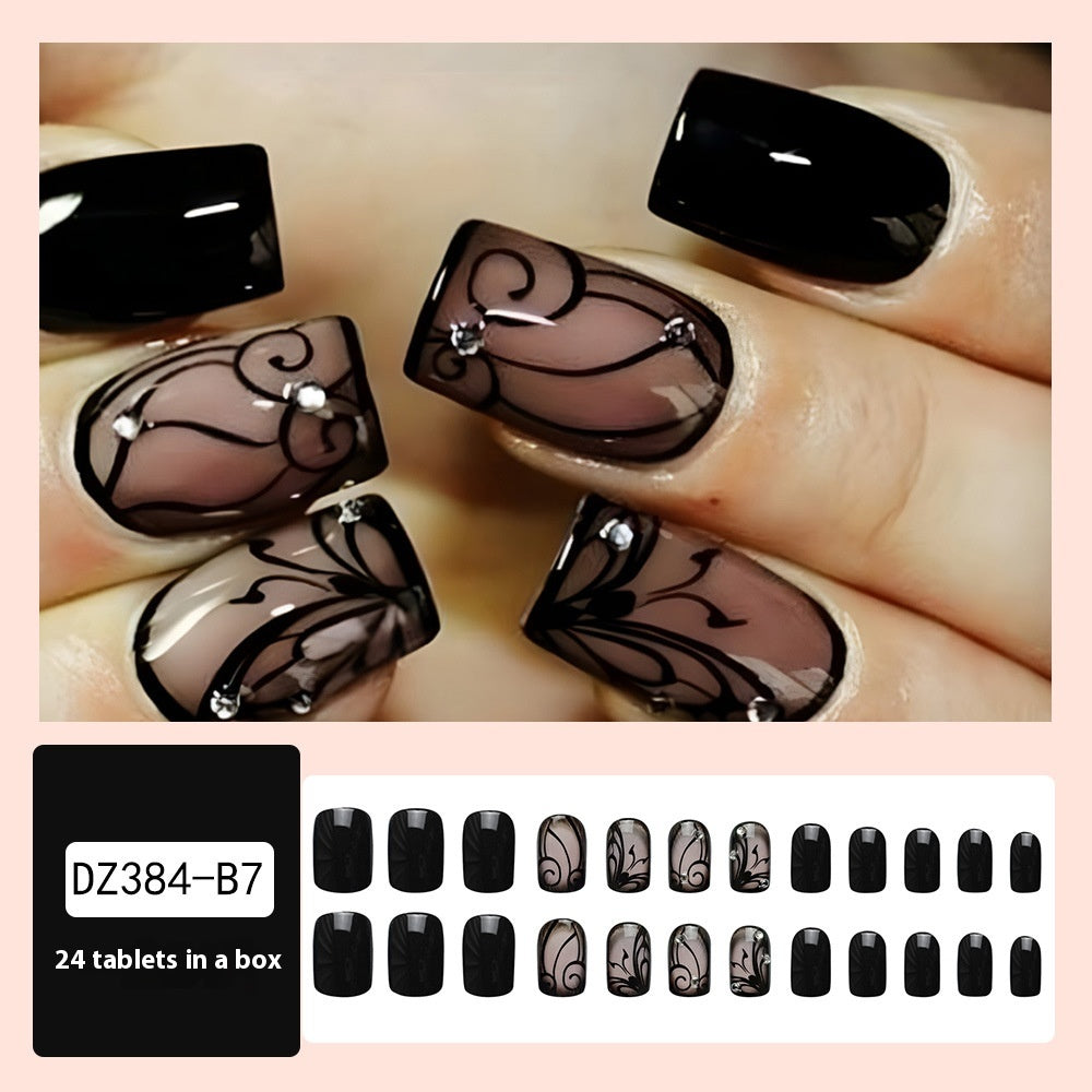 Dark Ins Style black vine press-on nails with ultra-thin jelly glue and European plaid design