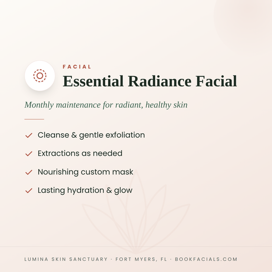 Essential Radiance Facial infographic — Lumina Skin Sanctuary, Fort Myers, FL
