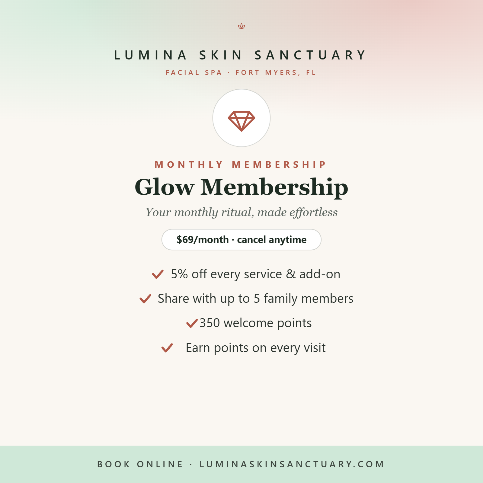 Glow Membership — $69/month facial spa membership, Lumina Skin Sanctuary, Fort Myers FL