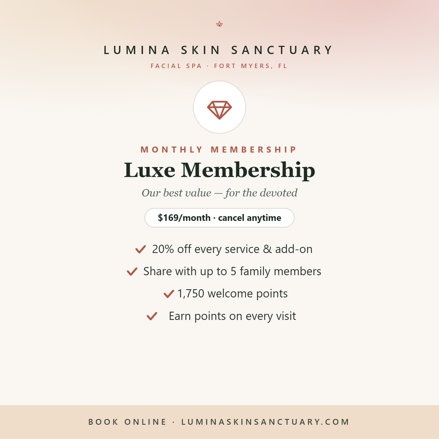 Luxe Membership — $169/month facial spa membership, Lumina Skin Sanctuary, Fort Myers FL