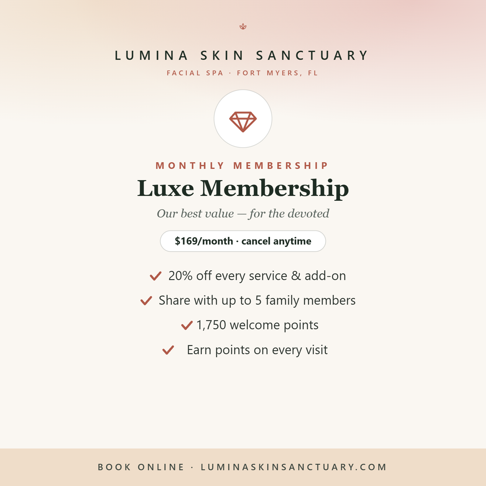 Luxe Membership — $169/month facial spa membership, Lumina Skin Sanctuary, Fort Myers FL