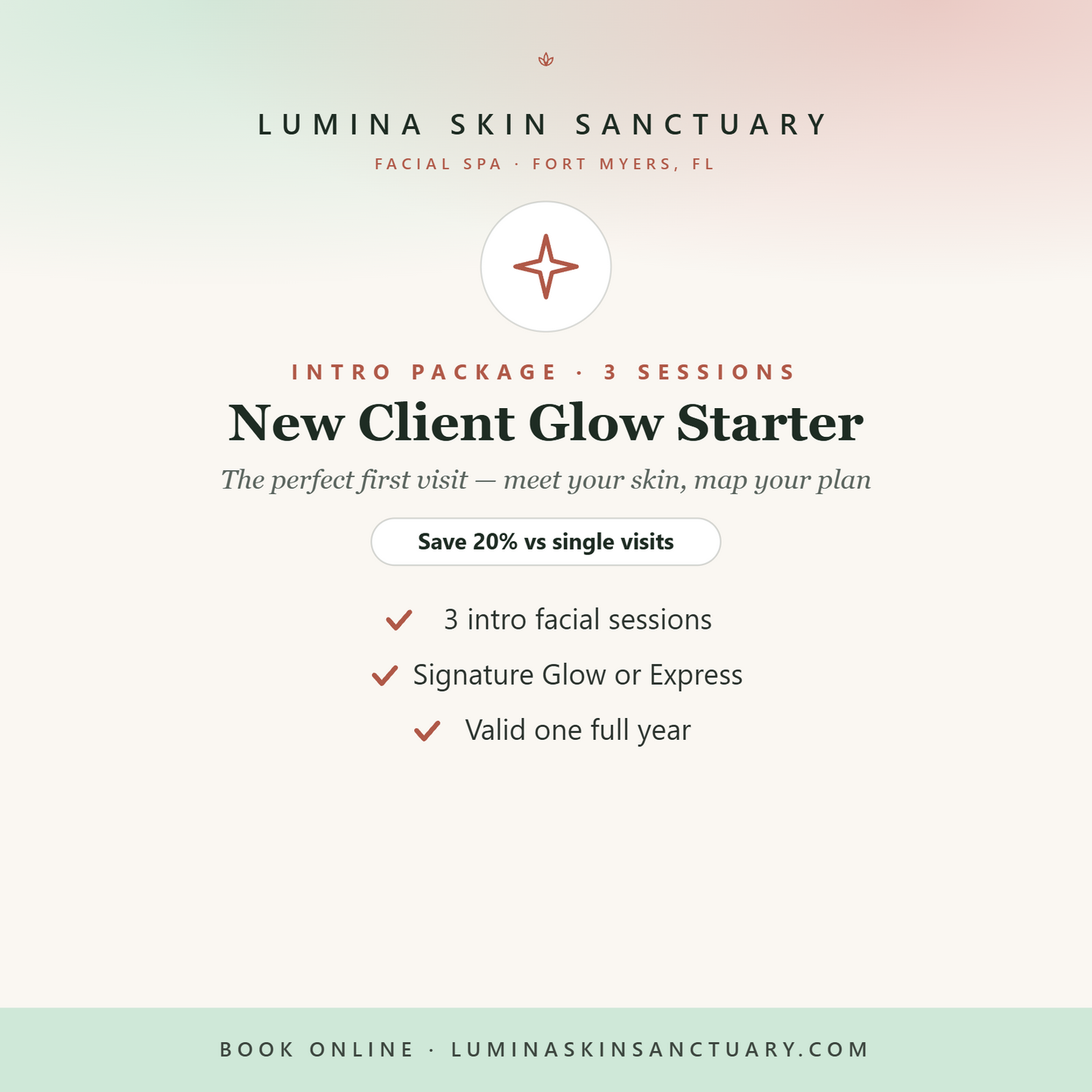 New Client Glow Starter Package — 3 intro facials, Lumina Skin Sanctuary, Fort Myers FL