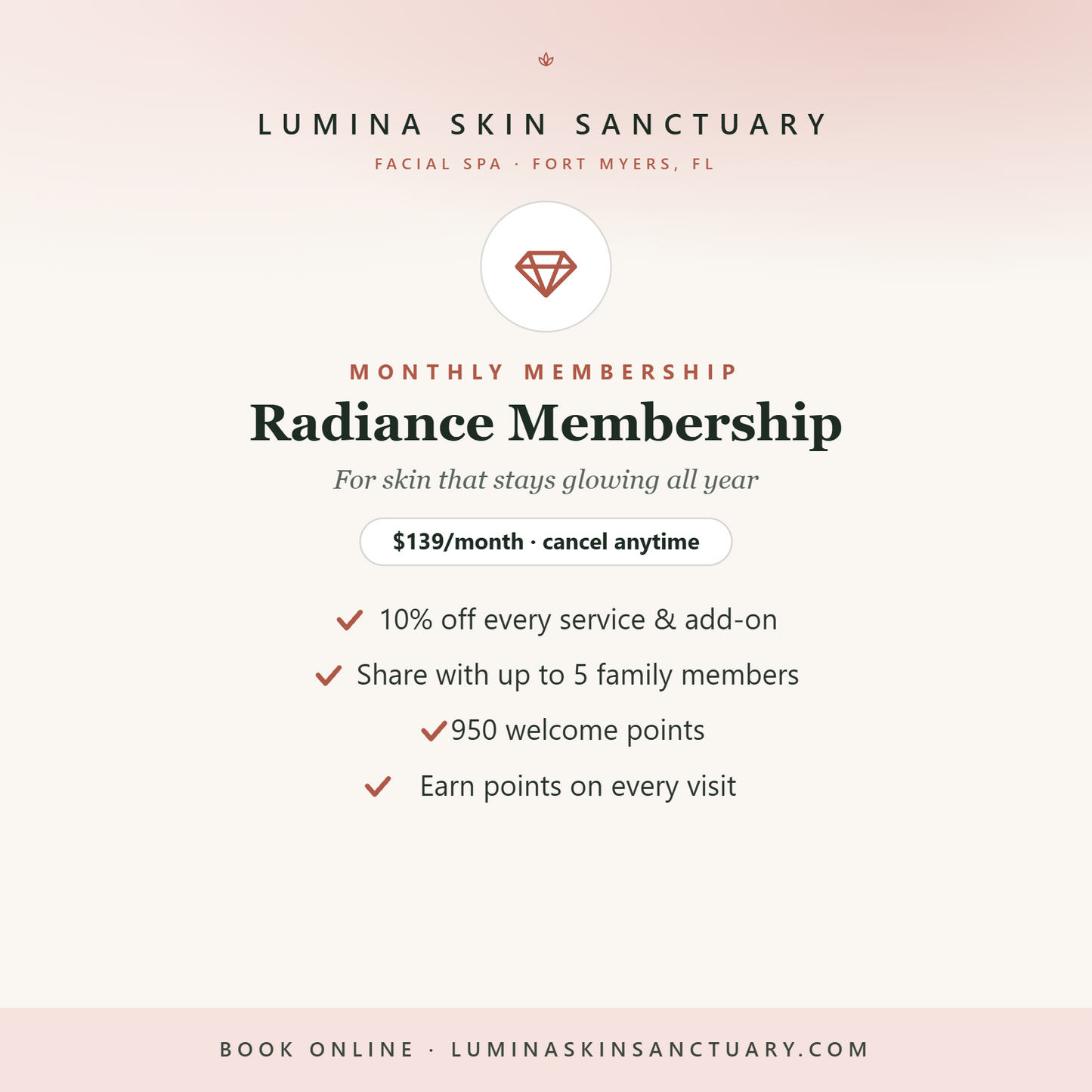 Radiance Membership — $139/month facial spa membership, Lumina Skin Sanctuary, Fort Myers FL