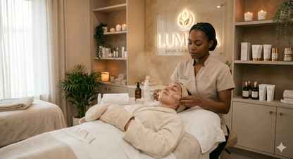 Lumina Skin Sanctuary Deep Renewal & Balance facial treatment in progress, showing a relaxing skincare session with facial tools and products.