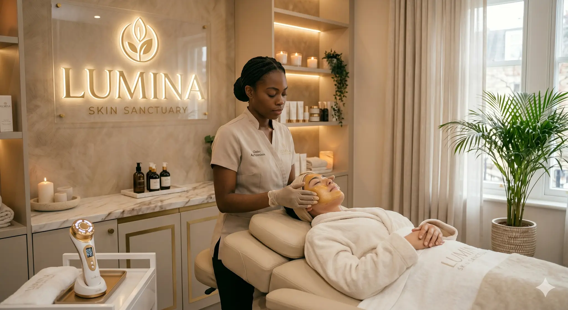 Lumina Skin Sanctuary Deep Renewal & Balance facial treatment with soothing massage and cleansing tools in a professional skincare setting.