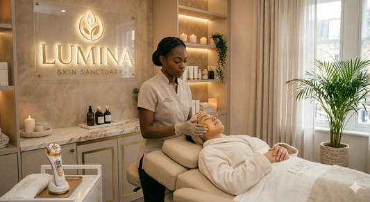 Lumina Skin Sanctuary Deep Renewal & Balance facial treatment with soothing massage and cleansing tools in a professional skincare setting.