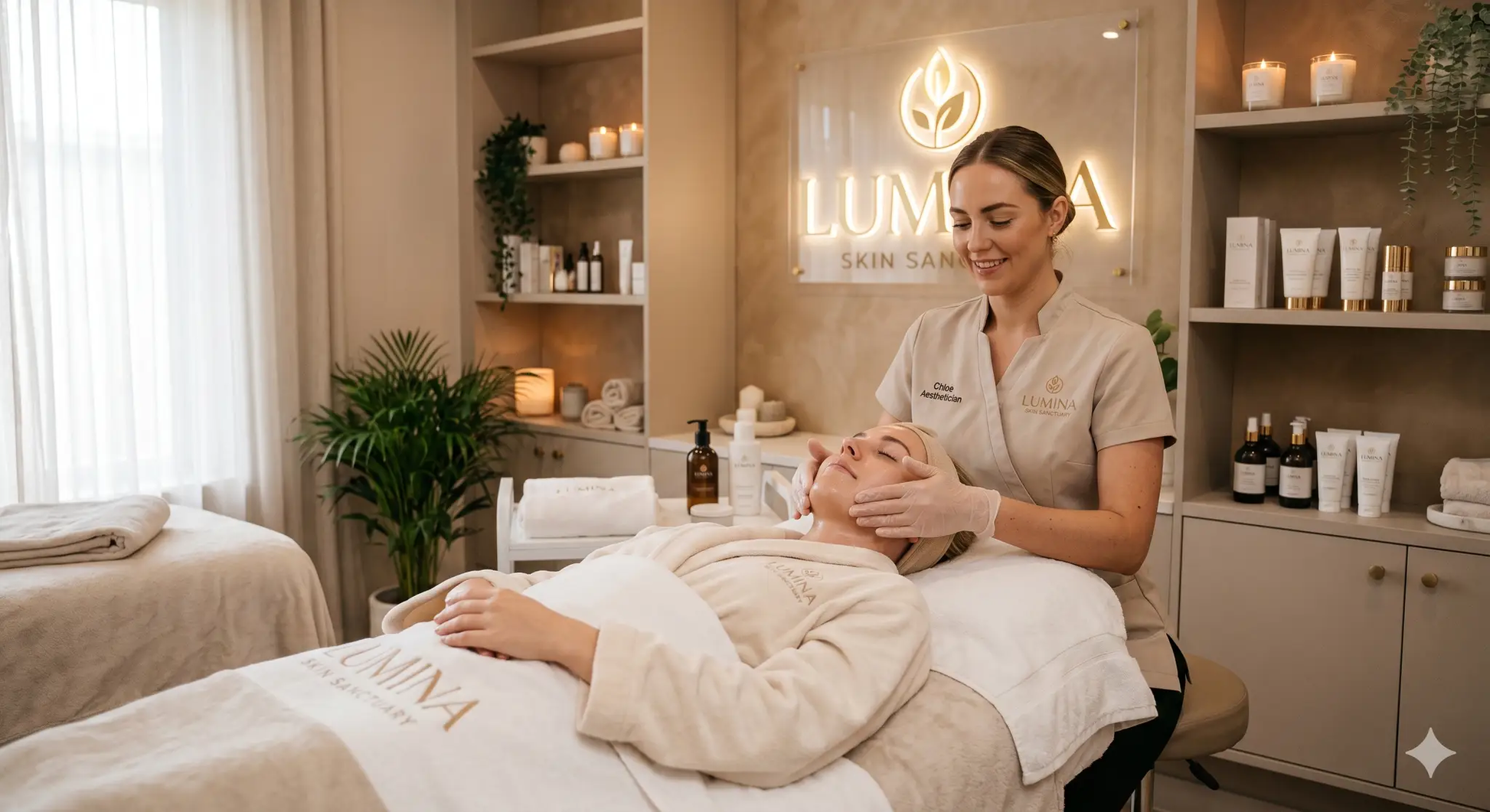 Lumina Skin Sanctuary Lumina Essential Radiance Treatment facial with manual tools, showing a relaxing skincare session.