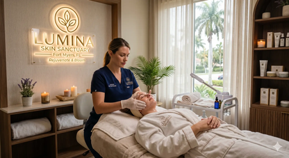 Lumina Sanctuary Grand Indulgence manual facial treatment by Lumina Skin Sanctuary, showing a relaxing facial session in Fort Myers Florida.
