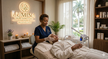 Lumina Skin Sanctuary Grand Indulgence manual facial treatment with skincare professional in Fort Myers, showing relaxing facial procedure.