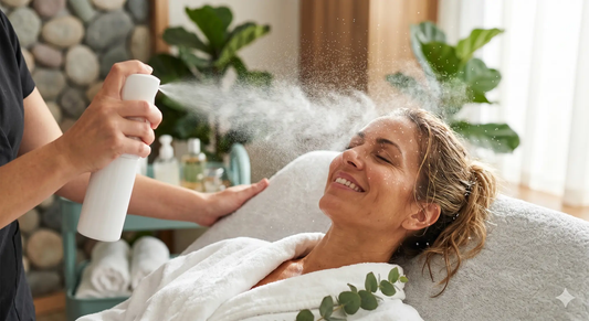 Lumina Skin Sanctuary youth restore sculpting facial treatment with hydration and polishing elements, featuring skincare tools and product bottles.