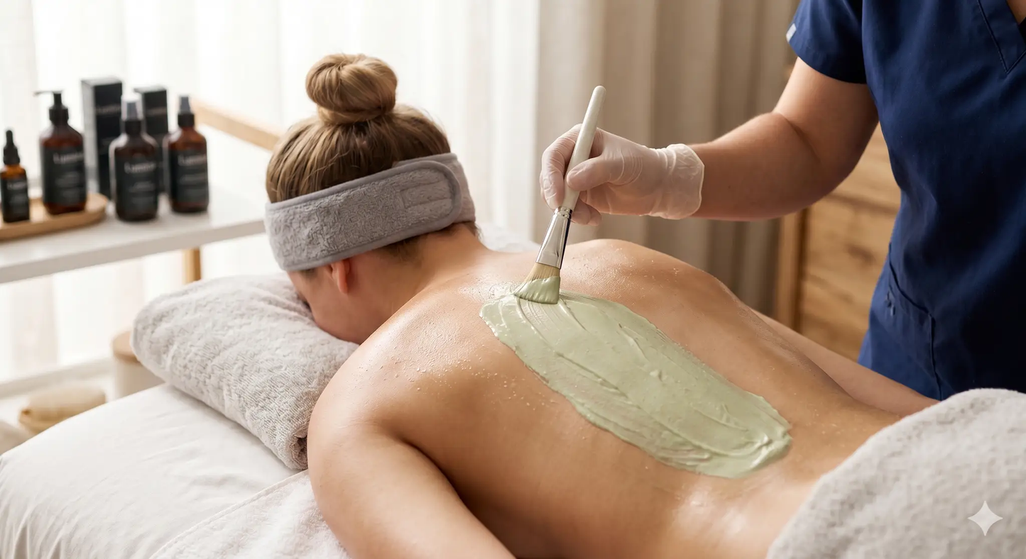 Facial therapist applying green clay mask to client's back during spa treatment in Fort Myers