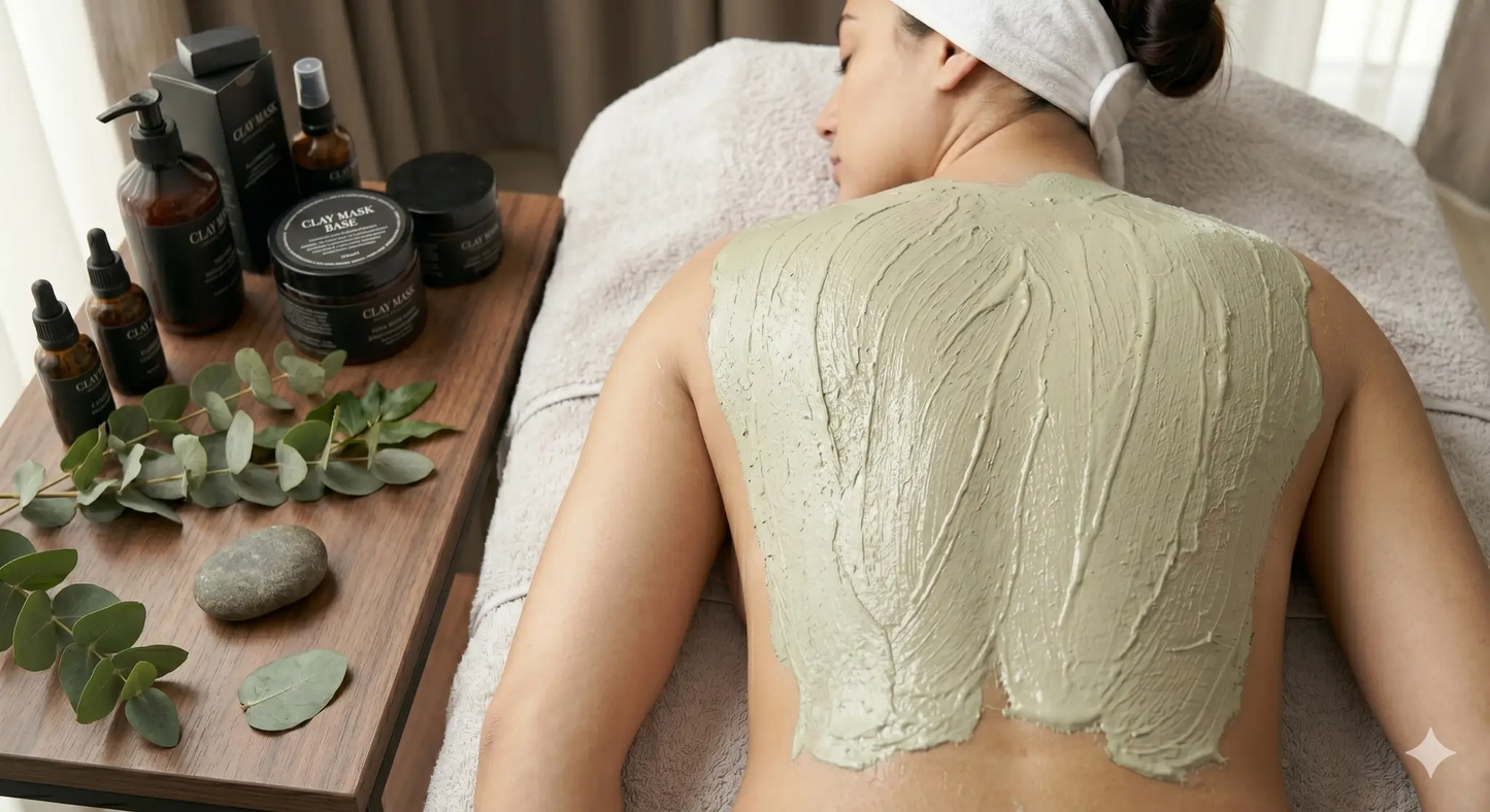 Woman receiving clay mask back treatment at spa with clean skincare products nearby