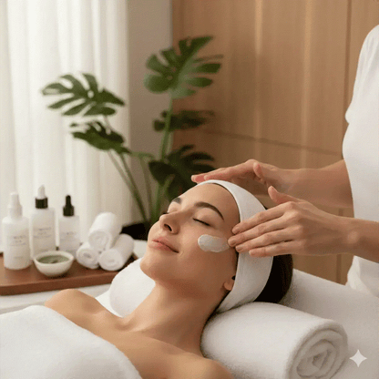 Lumina Skin Sanctuary facial treatment with personalized skin consultation, designed for all skin types, showcasing a relaxing skincare session.