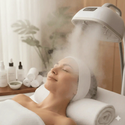 Lumina Skin Sanctuary facial treatment image showing steam therapy for personalized skin care and radiant glow for all skin types.