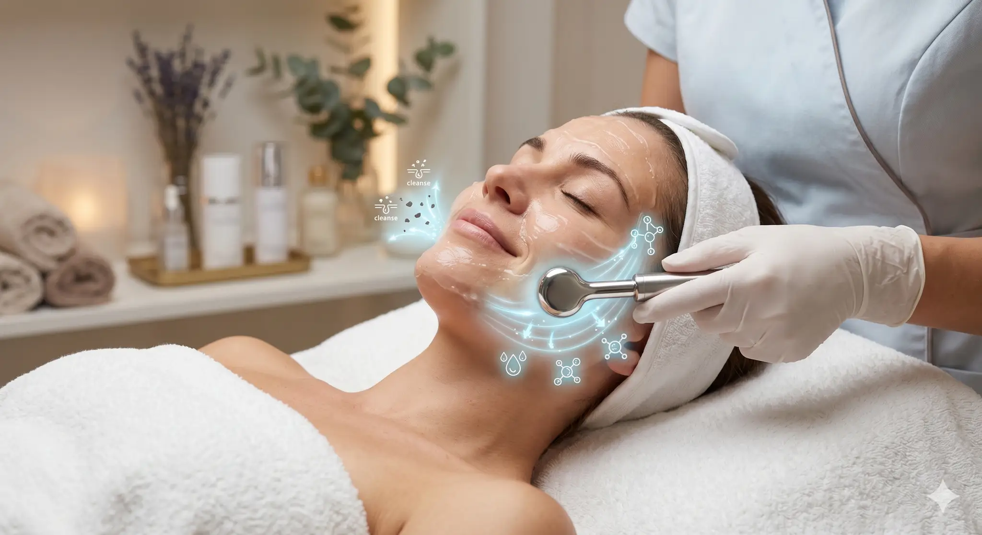 Lumina Skin Sanctuary galvanic current therapy device for 15-minute skincare treatment, showing the sleek device and electrodes.