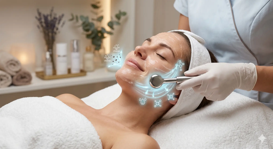 Lumina Skin Sanctuary galvanic current therapy device for 15-minute skincare treatment, showing the sleek device and electrodes.