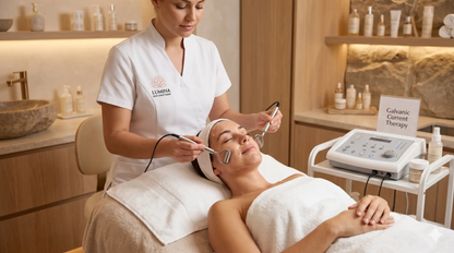 Galvanic Current Therapy add-on session by Lumina Skin Sanctuary, showing a practitioner applying galvanic treatment to a client's face.
