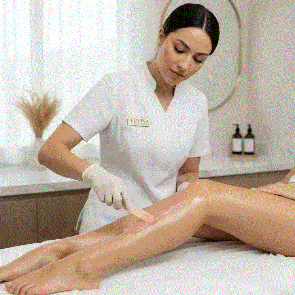 Leg waxing service by Lumina Skin Sanctuary for silk-smooth skin, showcasing professional waxing with waxing strips applied.