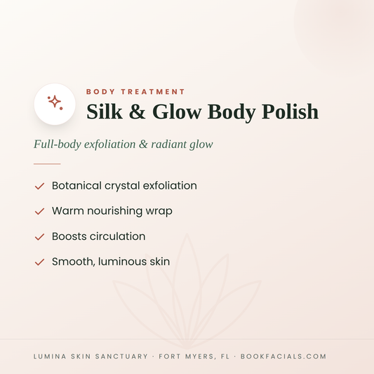 Silk & Glow Body Polish infographic — Lumina Skin Sanctuary, Fort Myers, FL