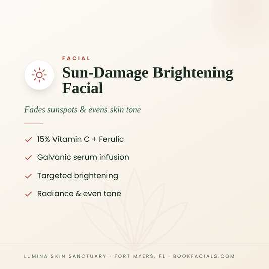 Sun-Damage Brightening Facial infographic — Lumina Skin Sanctuary, Fort Myers, FL